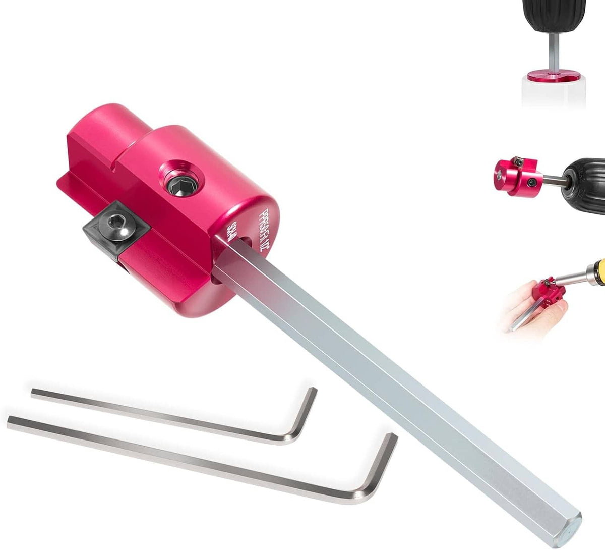 Red PVC pipe reamer with long gray hex-shaft and included L-shaped hex keys