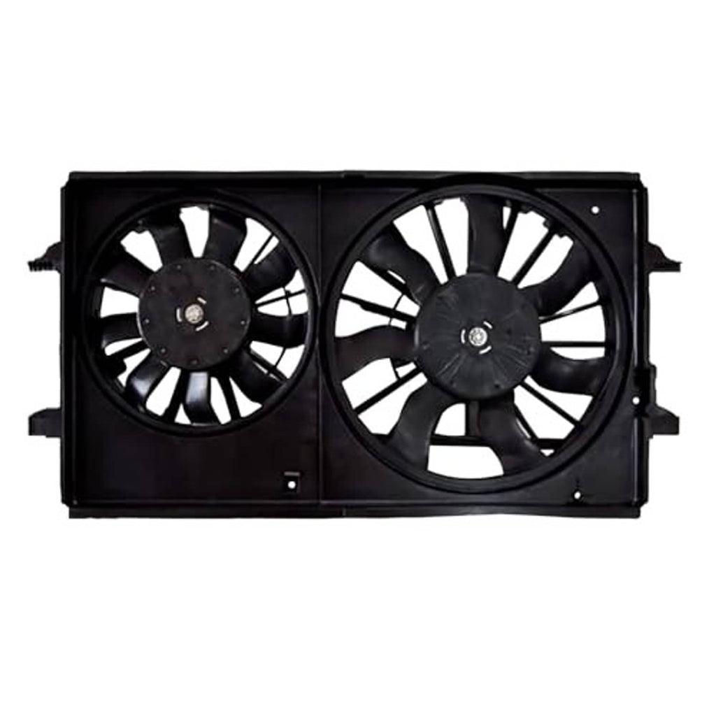 Black dual radiator cooling fan assembly with two circular fan blades and frame