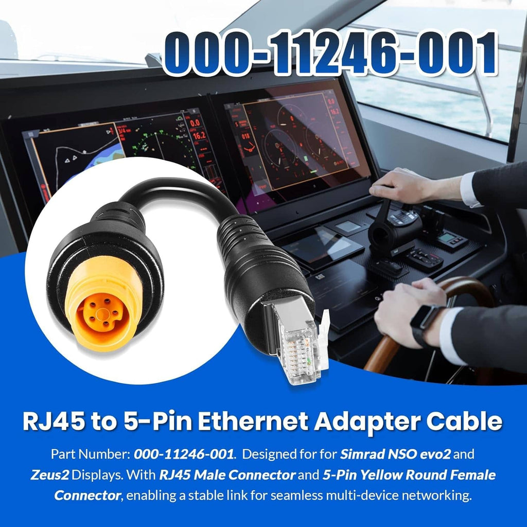 RJ45 to 5-pin Ethernet adapter cable showing RJ45 and yellow 5-pin female ends