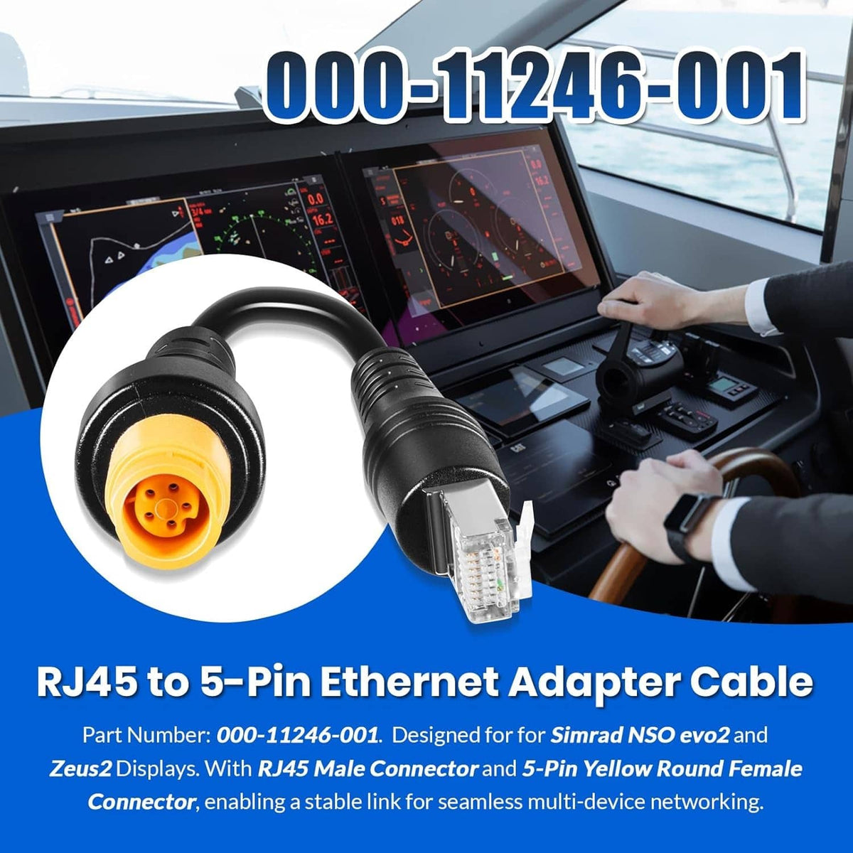 RJ45 to 5-pin Ethernet adapter cable showing RJ45 and yellow 5-pin female ends