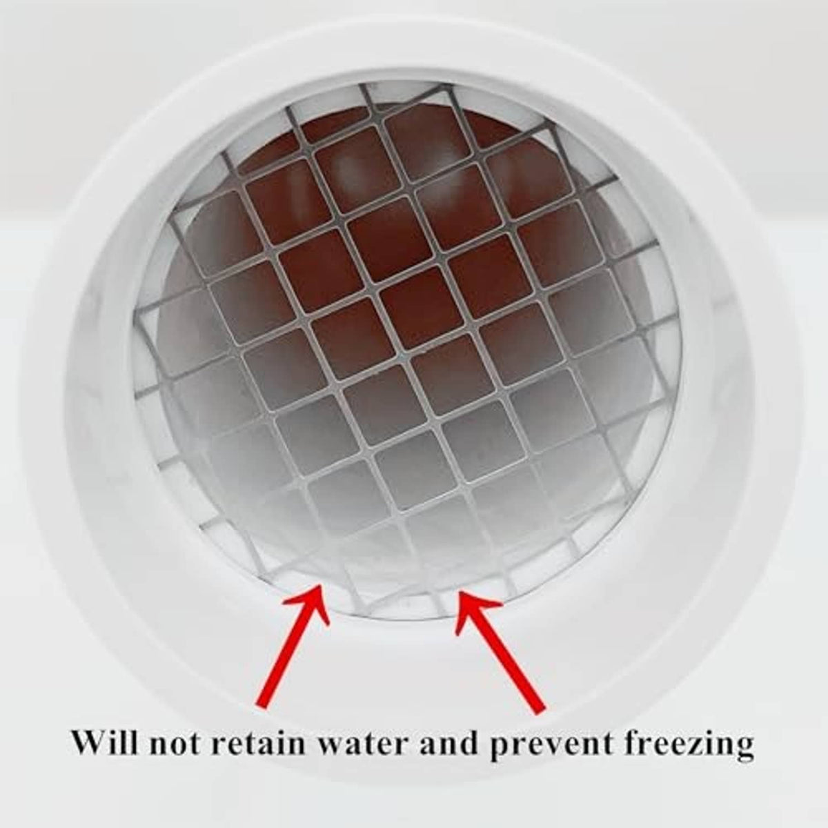 Round vent screen cap with white frame and stainless mesh over brown interior
