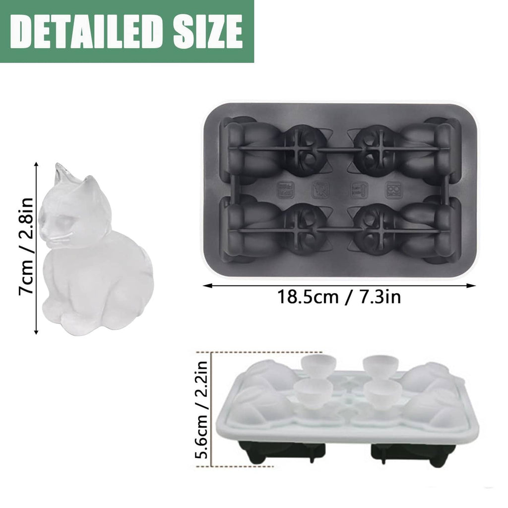 Rectangular silicone cat ice cube mold tray with cavities shown from top and side