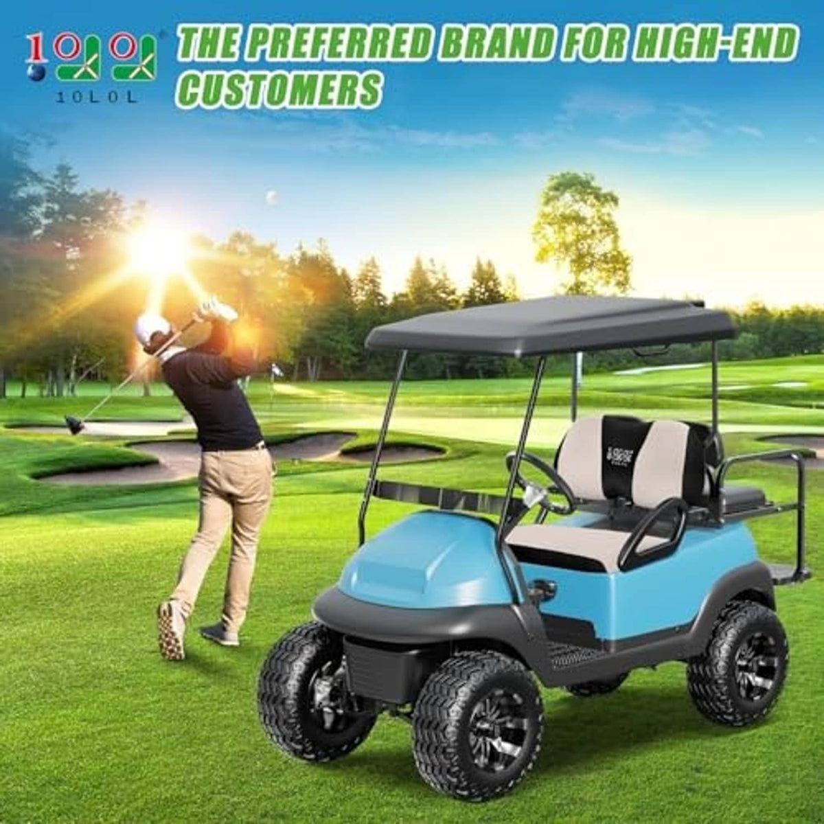 Beige and black front seat cover on blue golf cart with canopy