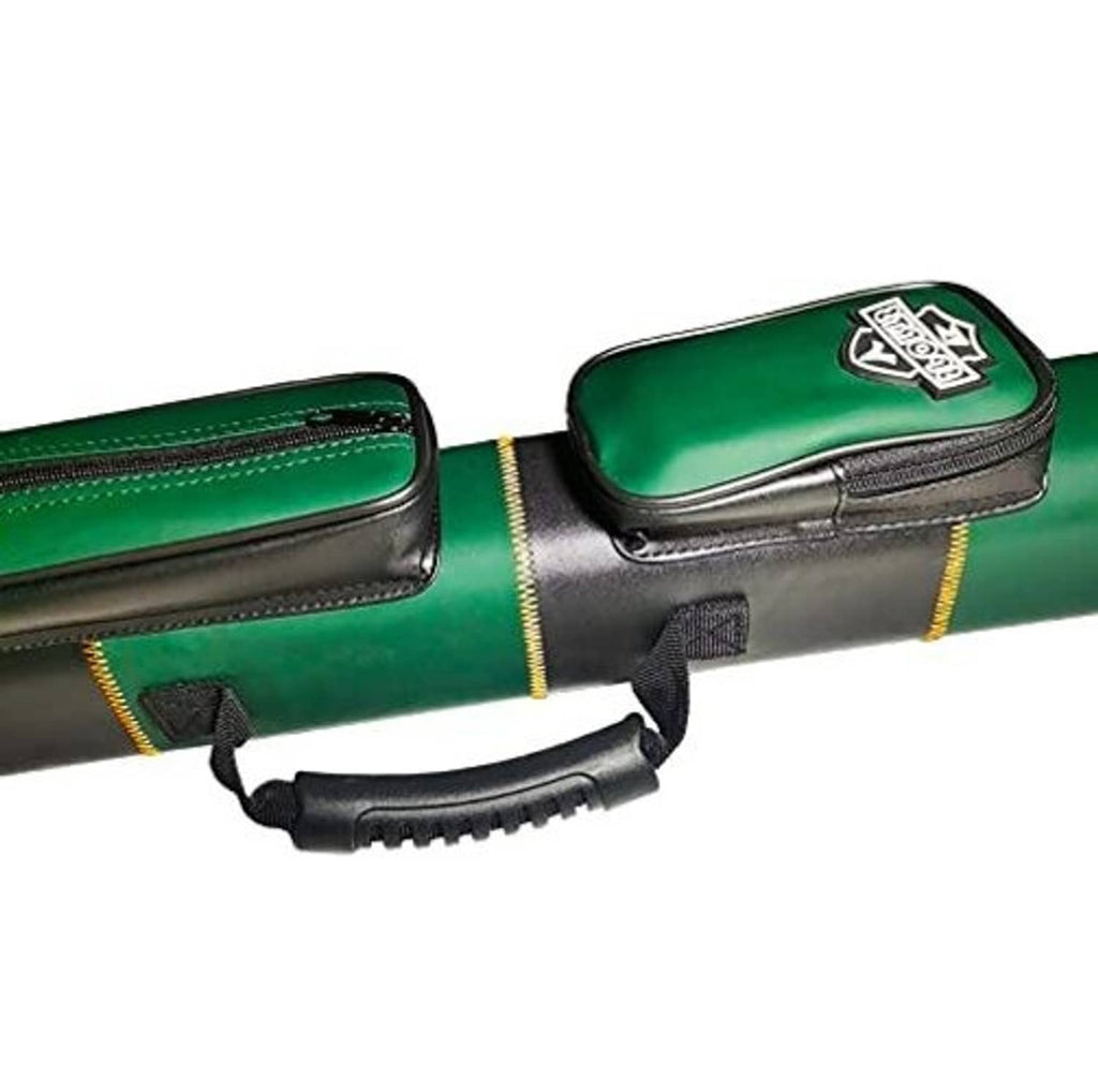 Green hard cue case end with zipper closure and molded carrying handle.