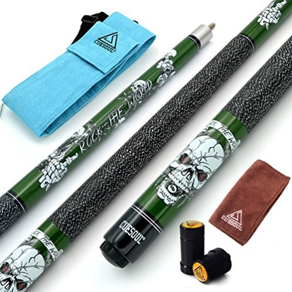 Pool cue stick kit with green cue, black textured grip, cue case, cloth, and chalk
