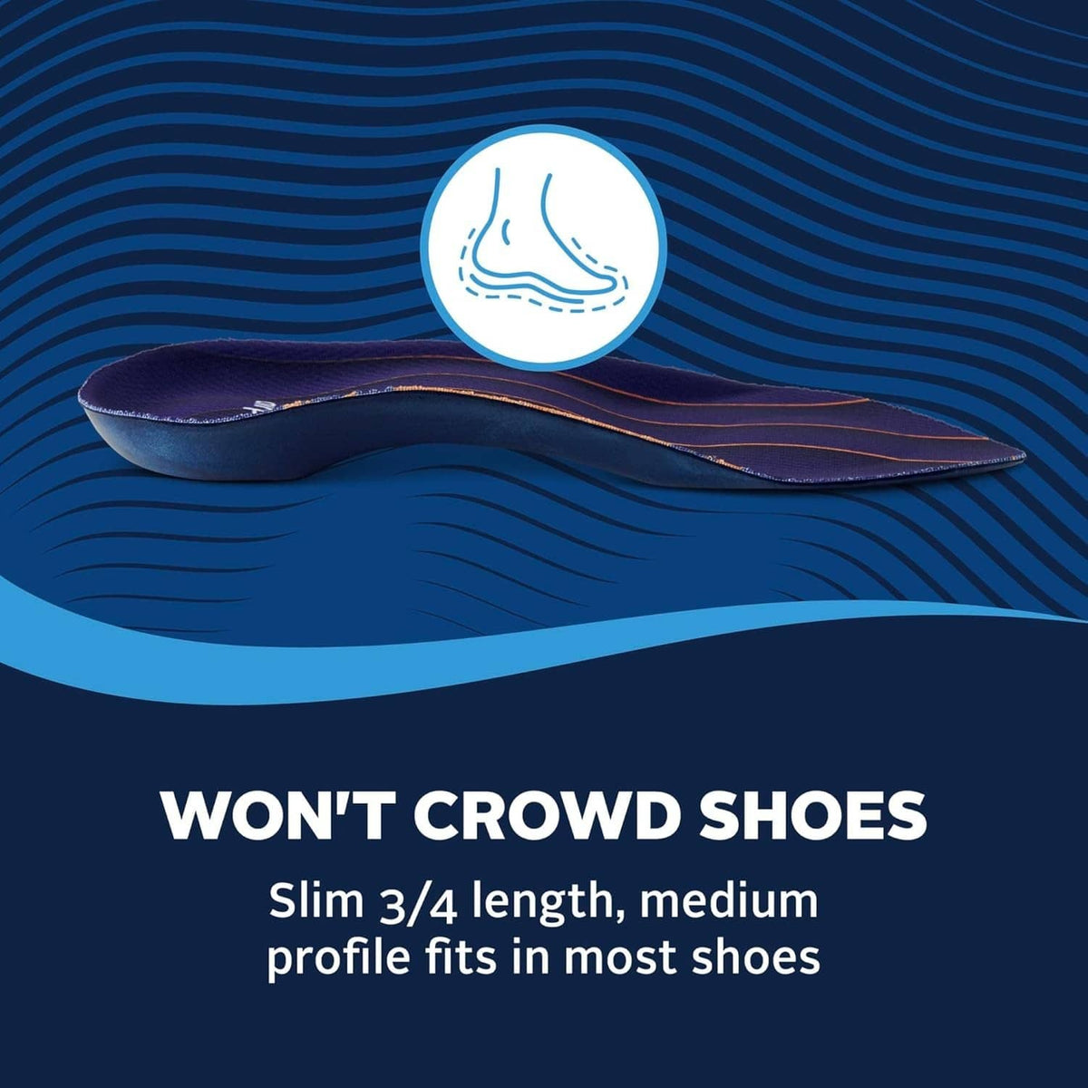 Navy plantar fascia orthotic insole showing sole outline and arch support