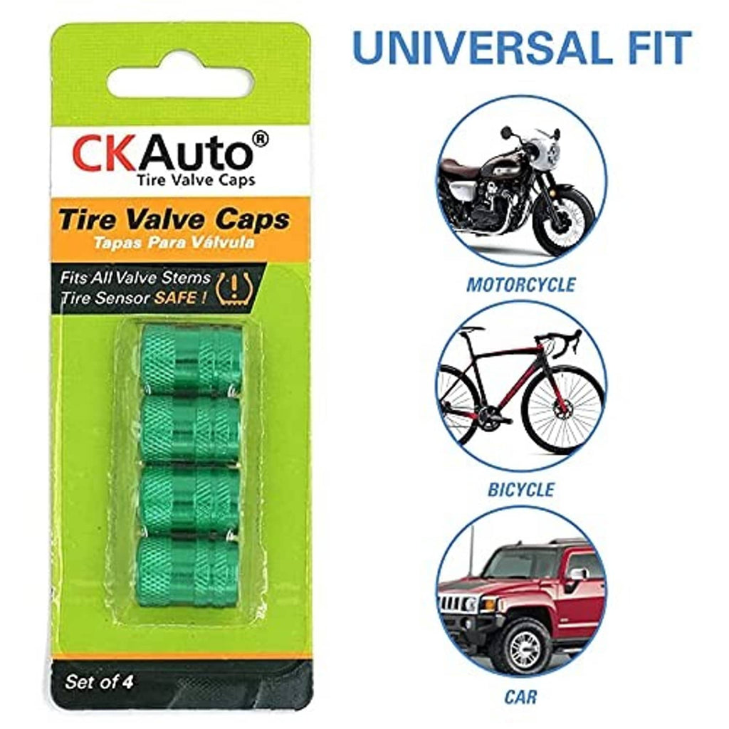 CKAuto tire valve cap set in blister pack, green textured caps (universal fit)