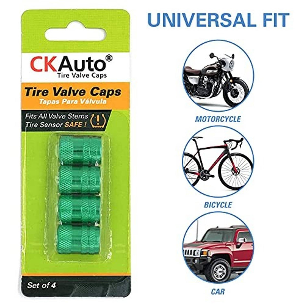 CKAuto tire valve cap set in blister pack, green textured caps (universal fit)