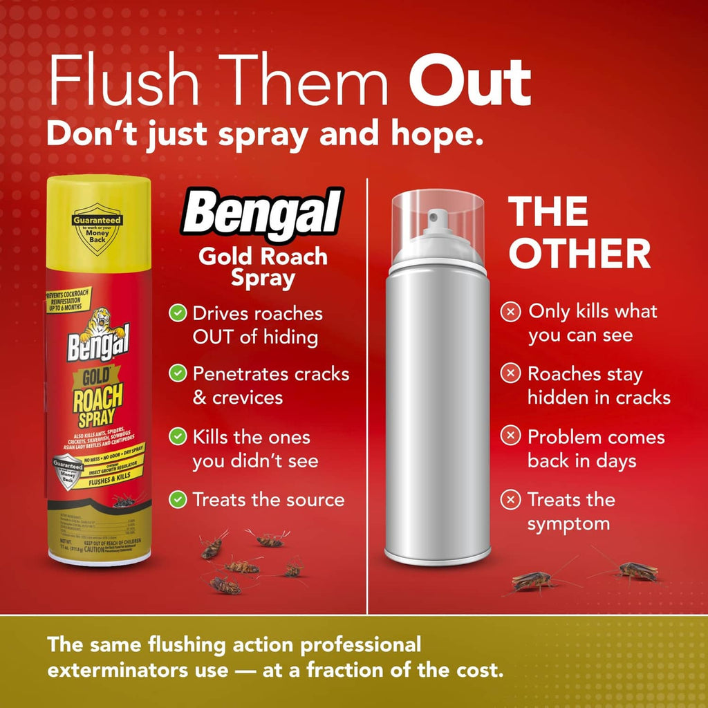 Bengal Gold Roach Spray aerosol can with yellow cap next to a silver spray can