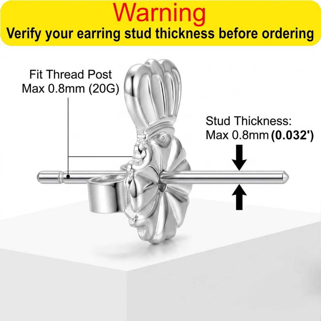 Earring post and clip diagram showing max stud thickness of 0.8 mm