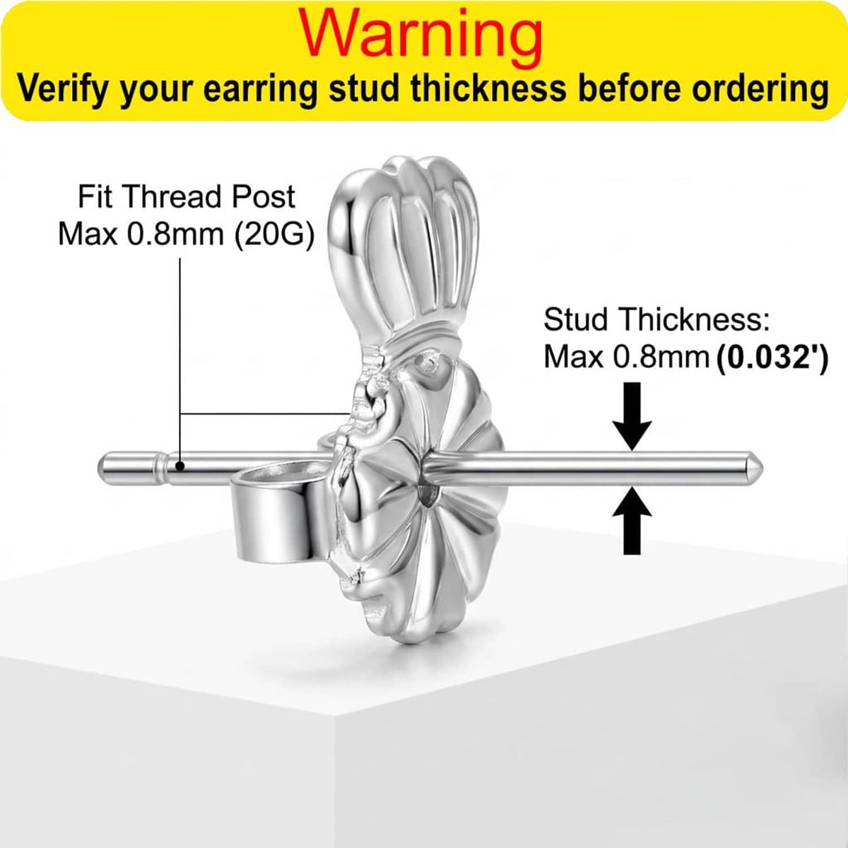 Earring post and clip diagram showing max stud thickness of 0.8 mm
