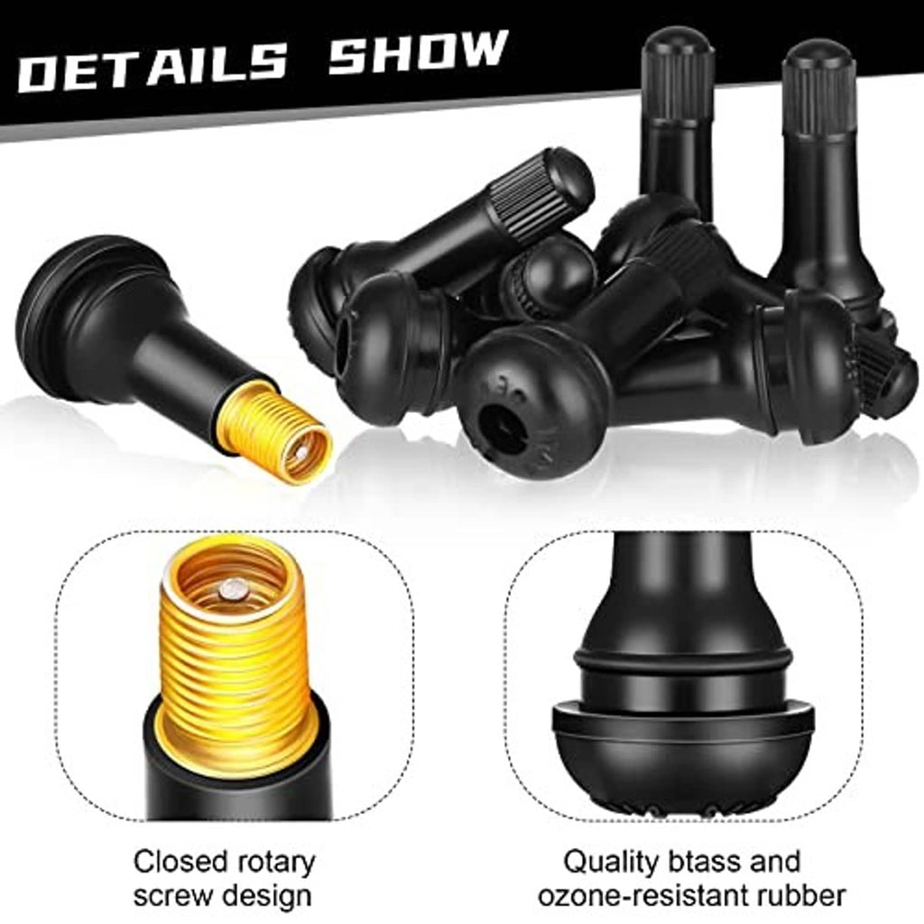 Black tubeless valve stems with gold threaded tip and rubber body detail