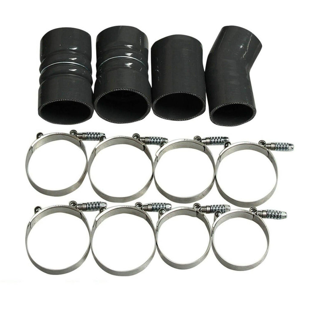 Set of four black rubber intercooler boots with matching stainless clamp rings