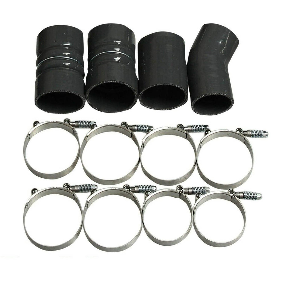 Set of four black rubber intercooler boots with matching stainless clamp rings