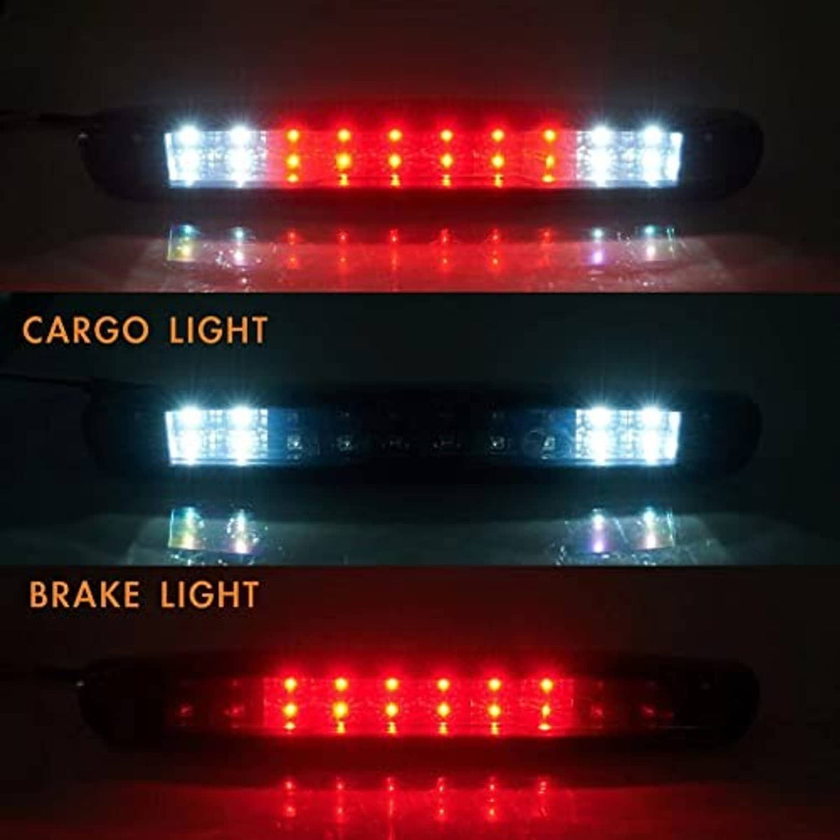 LED high mount stop light with bright white and red light patterns across the bar