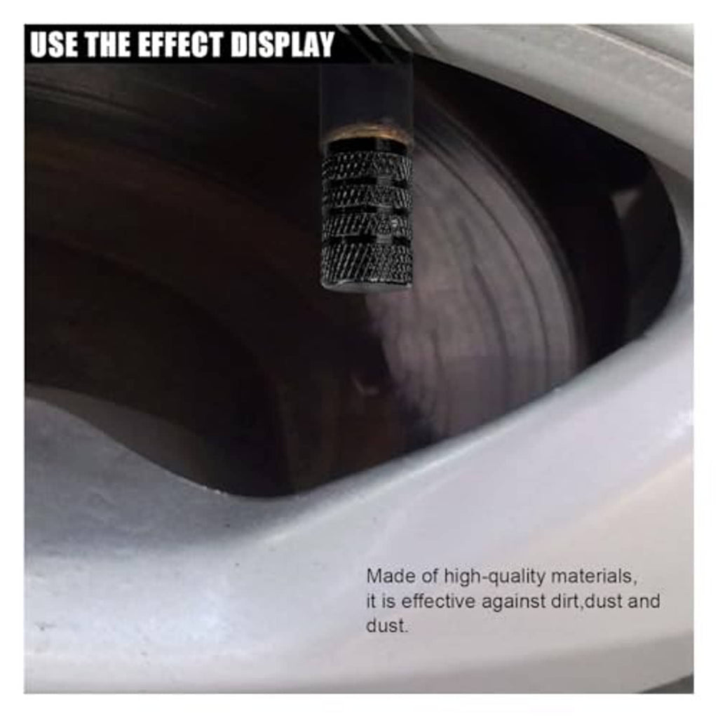 Black textured tire valve stem cap in a car tire valve opening