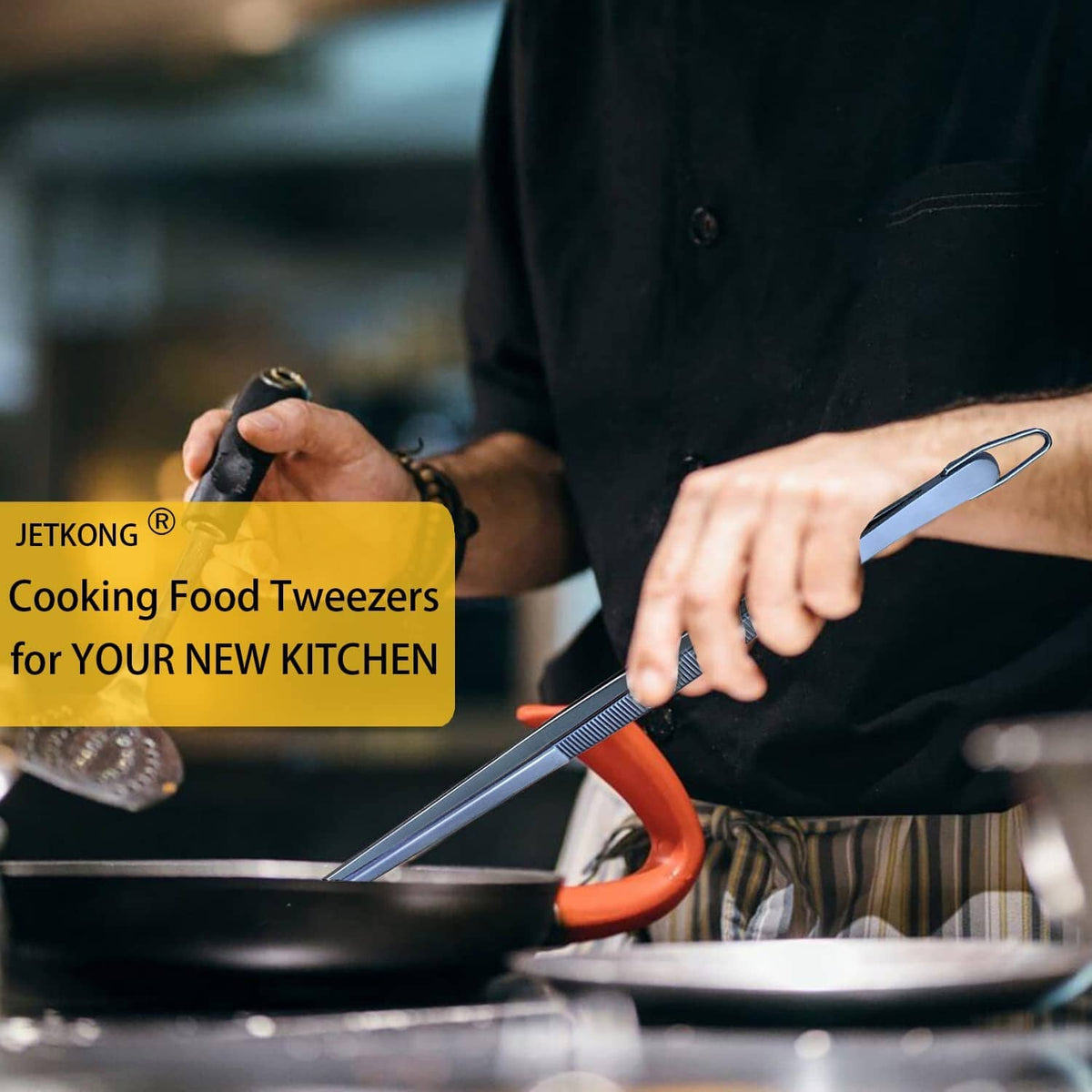 Navy stainless steel cooking food tweezers with long serrated arms, held over a skillet