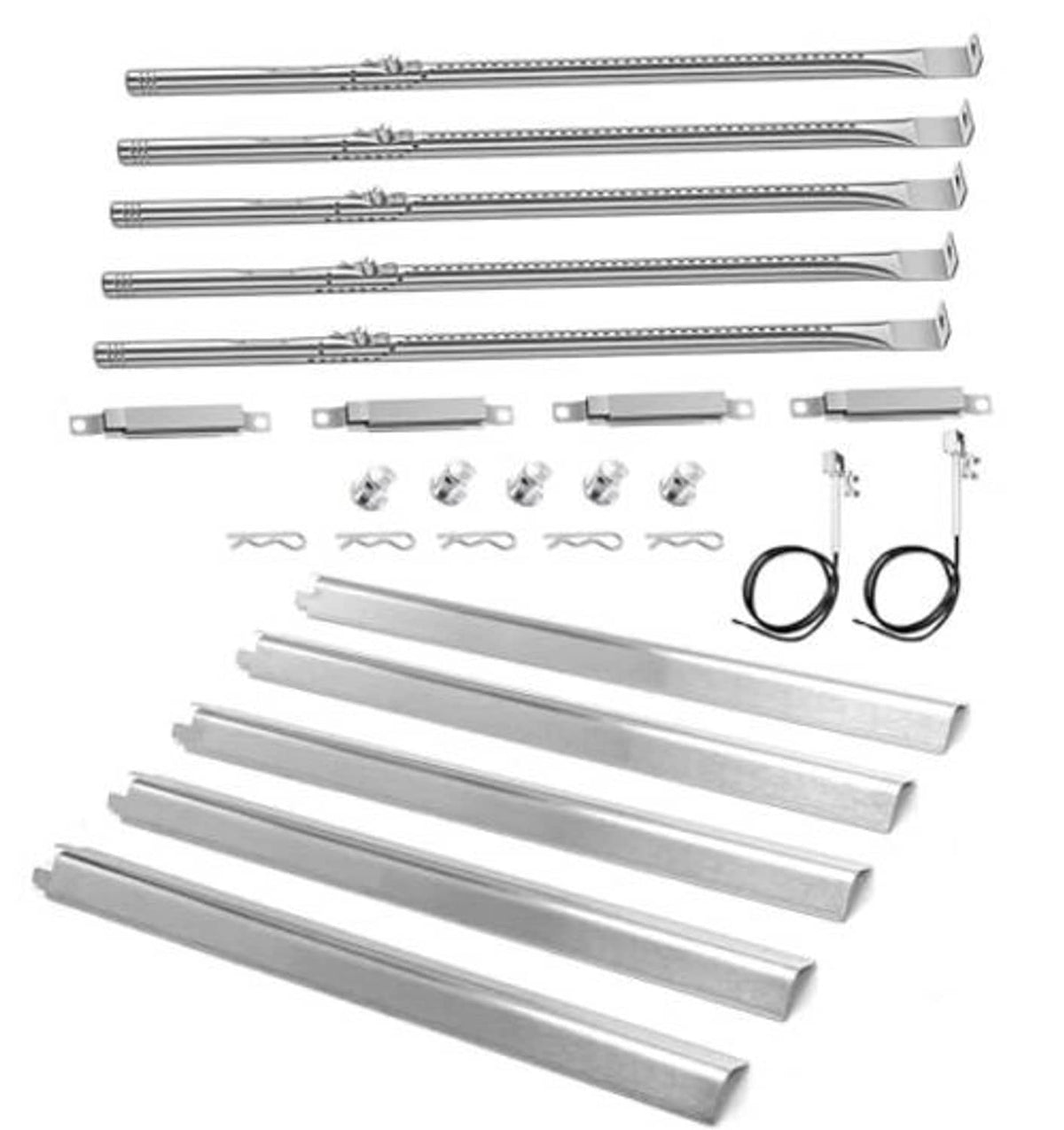 Stainless steel burner kit with long tubes, brackets, springs, and wire loops