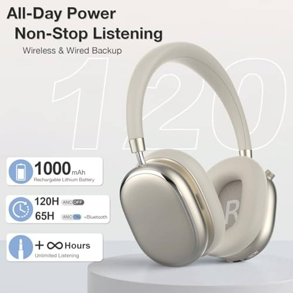 NC95 starlight over-ear ANC headphones on white stand with adjustable metal headband