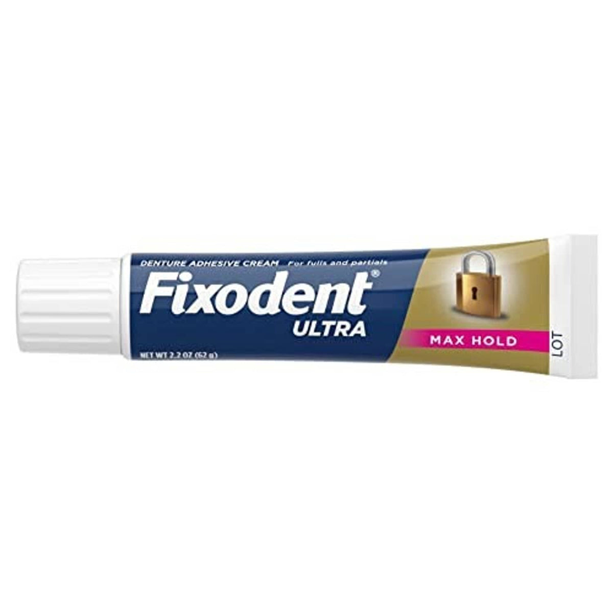 Fixodent Ultra max hold denture adhesive cream tube with lock emblem