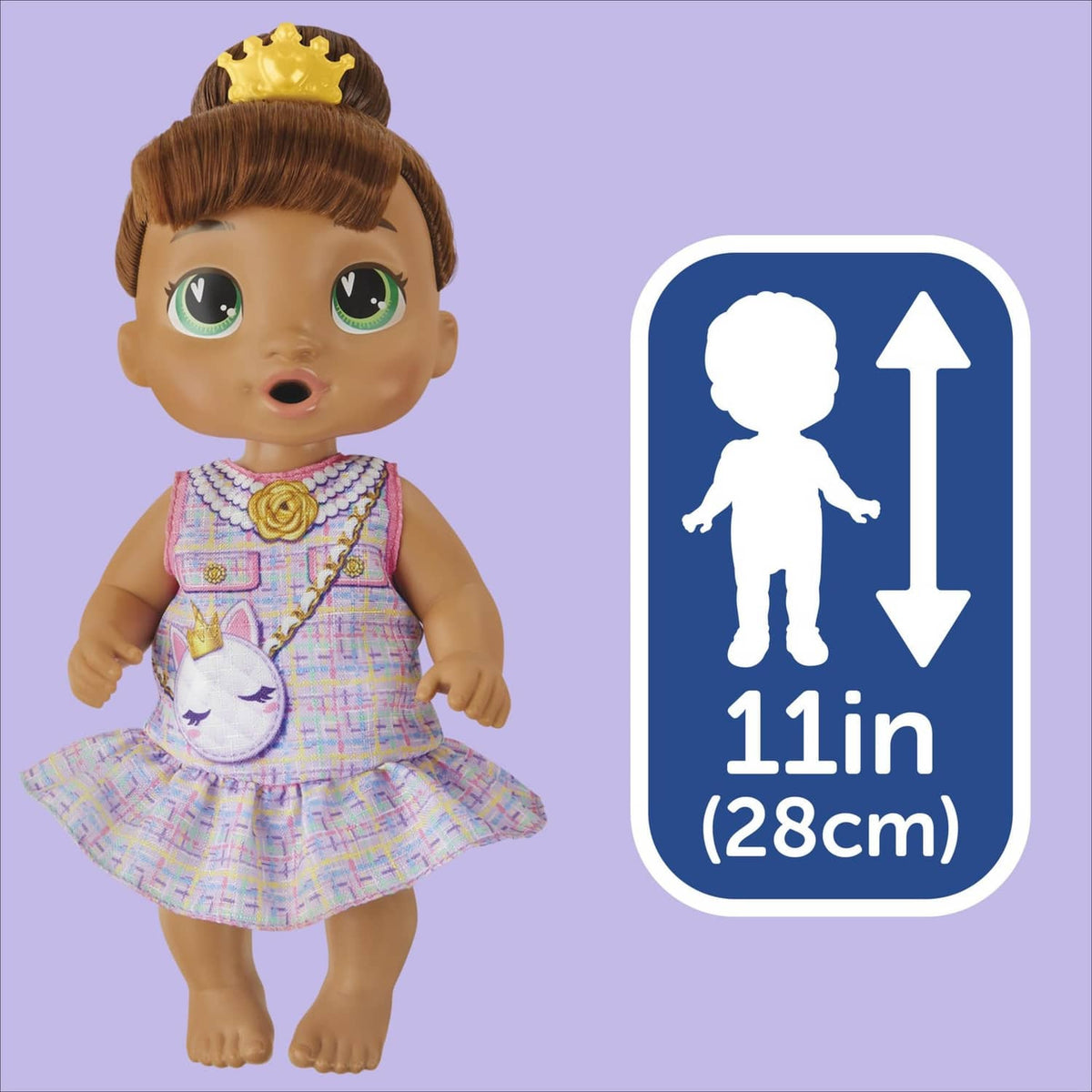 Sophia Sparkle doll standing beside size label: 11 in (28 cm)