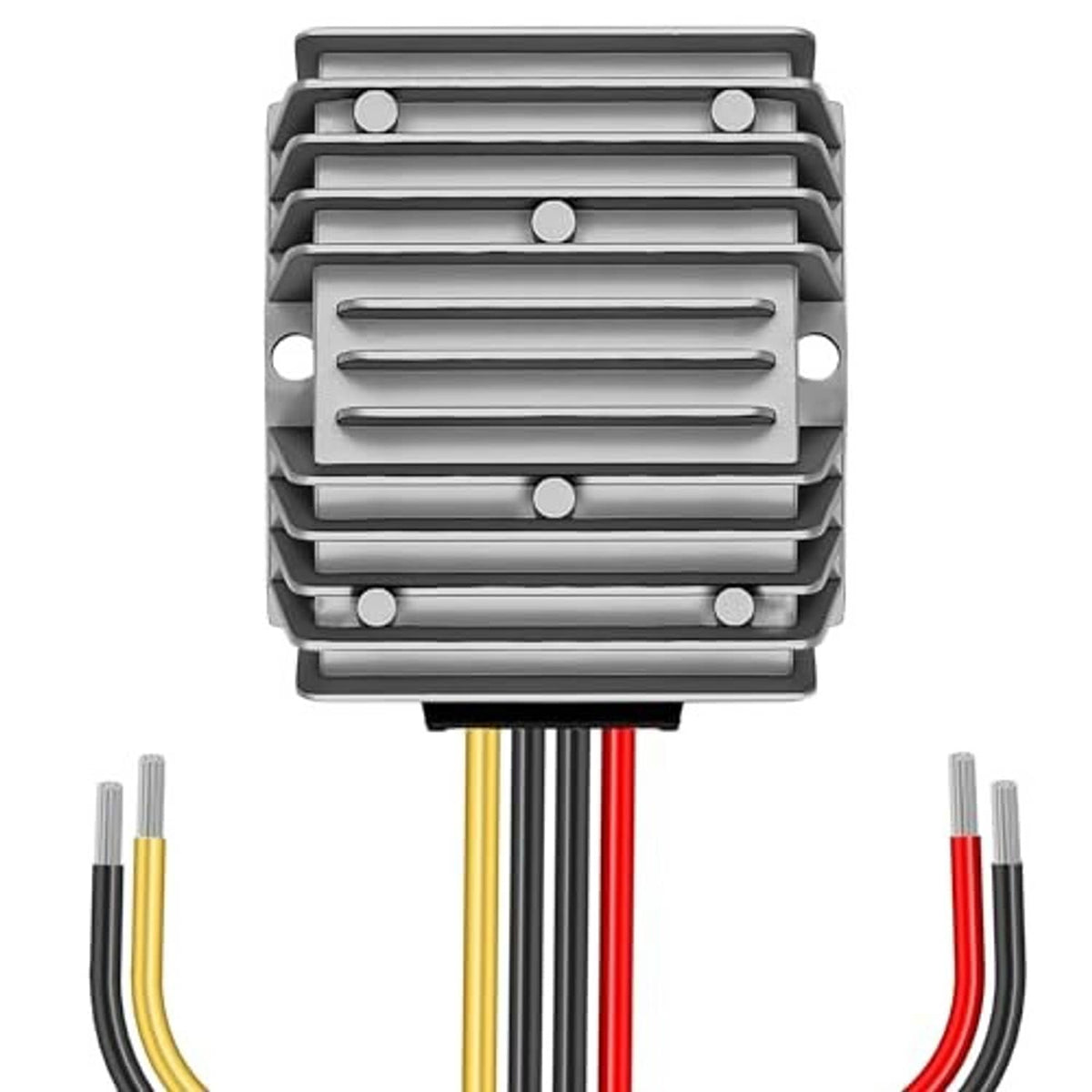 DC step-down power converter with stacked heatsink fins and multicolor wire cables