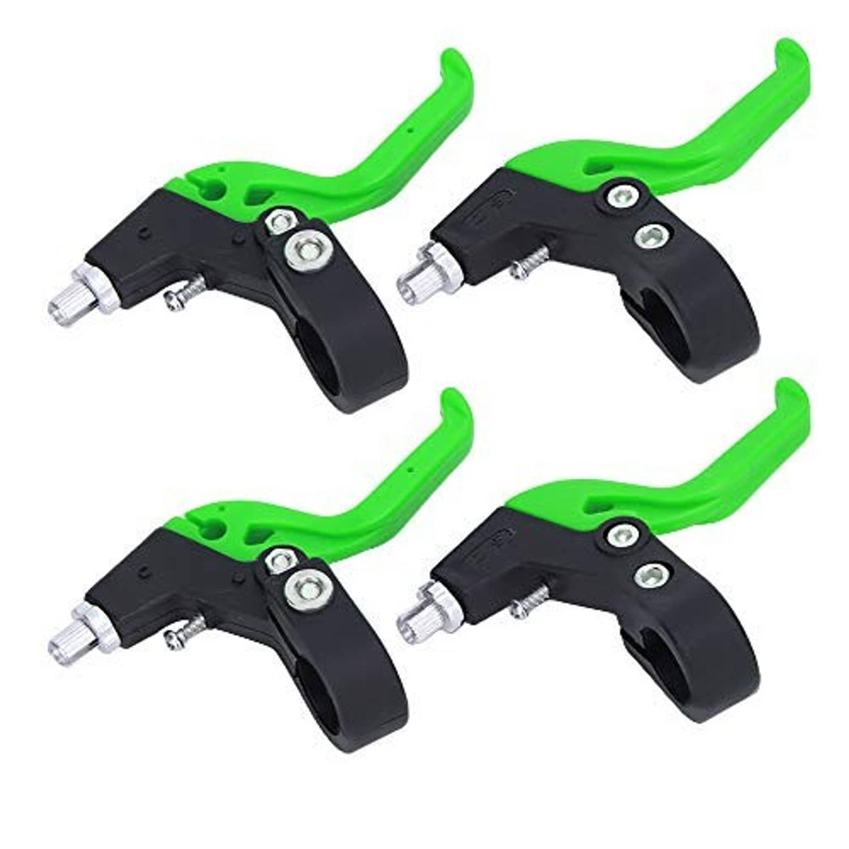 Bike brake lever pair with black curved lever body and bright green handle tips