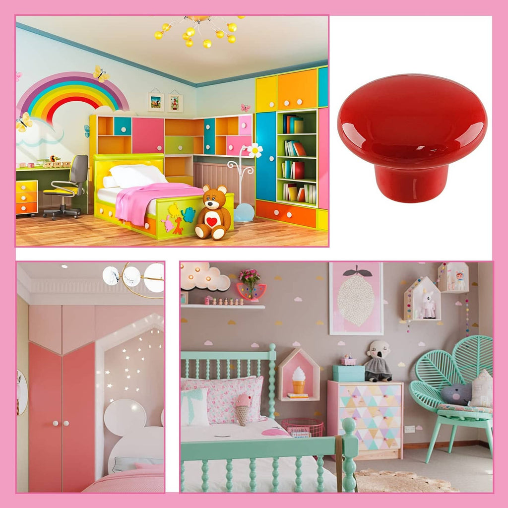 Single red glossy round ceramic cabinet knob, dome-shaped pull