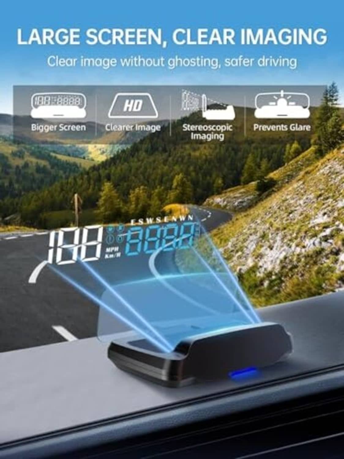 Car head-up display with clear projected graphics for speed and navigation guidance