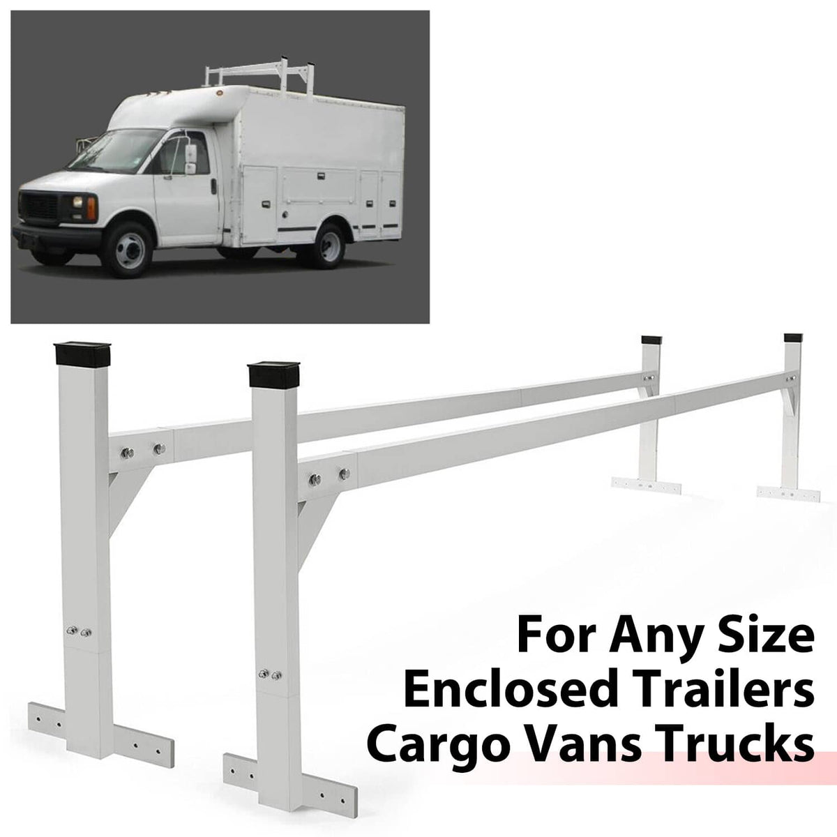 Roof mount ladder rack bracket for enclosed trailers, white posts, black rubber end caps