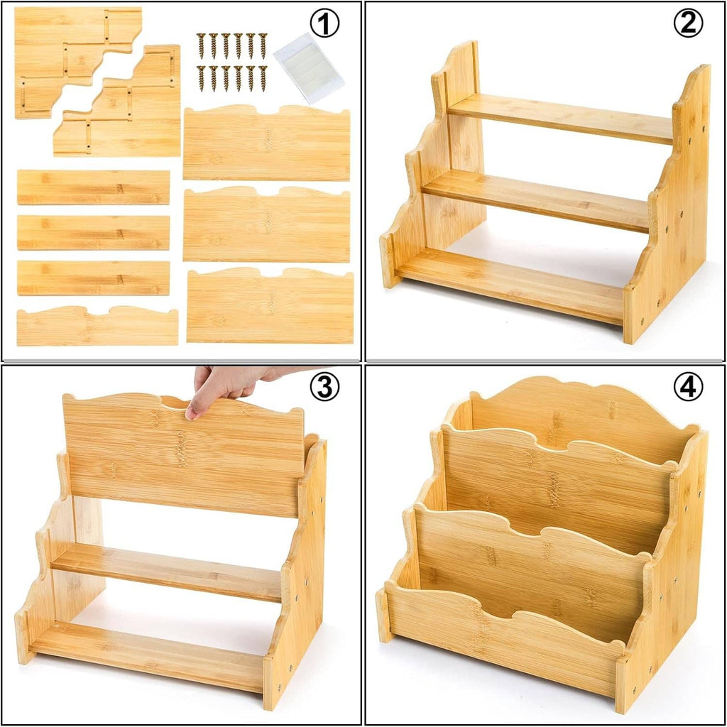 3-tier bamboo card holder showing scalloped card slots from different angles