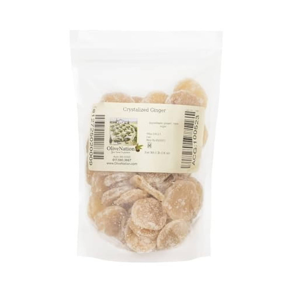 Sealed bag of crystallized ginger slices, sugar-coated golden rounds