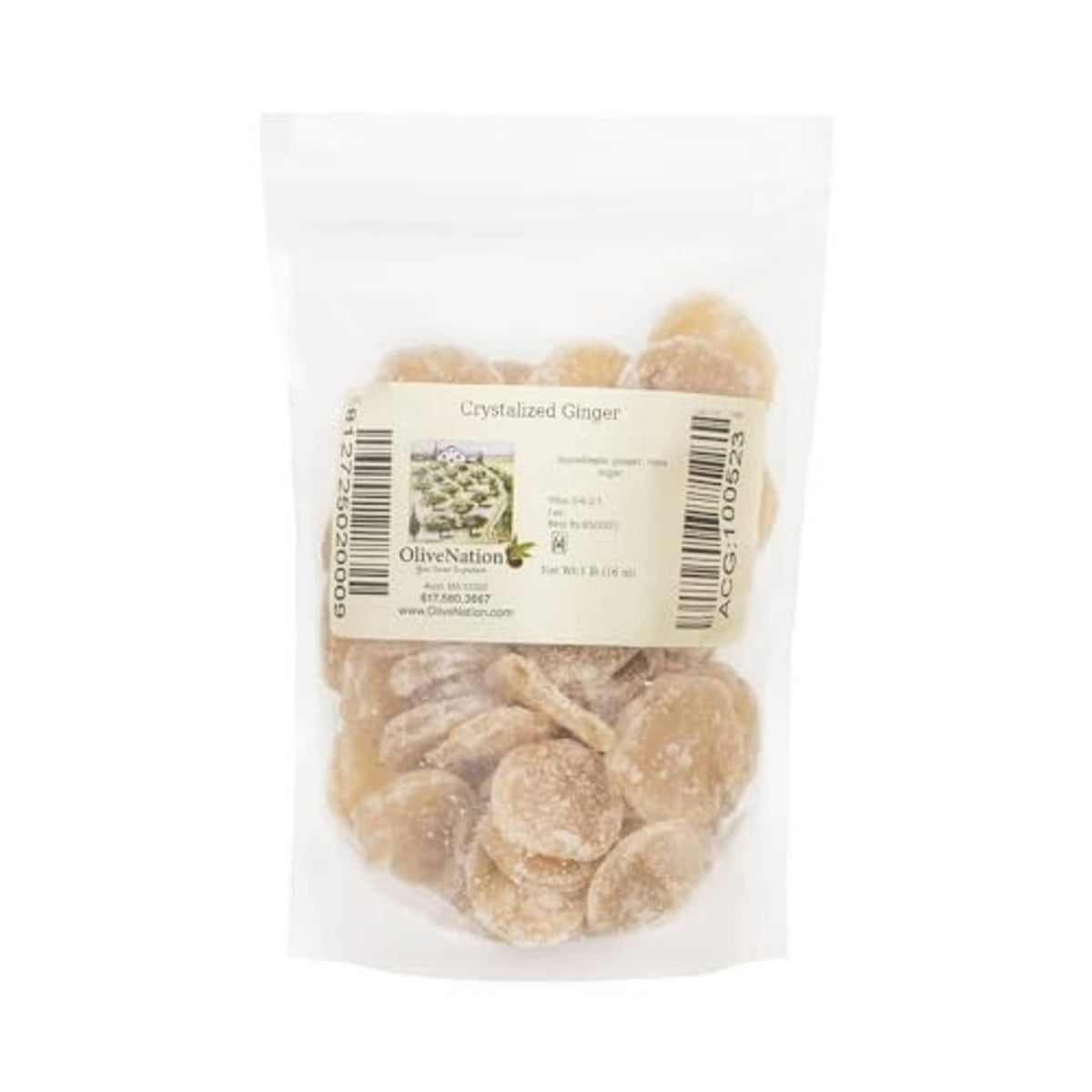 Sealed bag of crystallized ginger slices, sugar-coated golden rounds