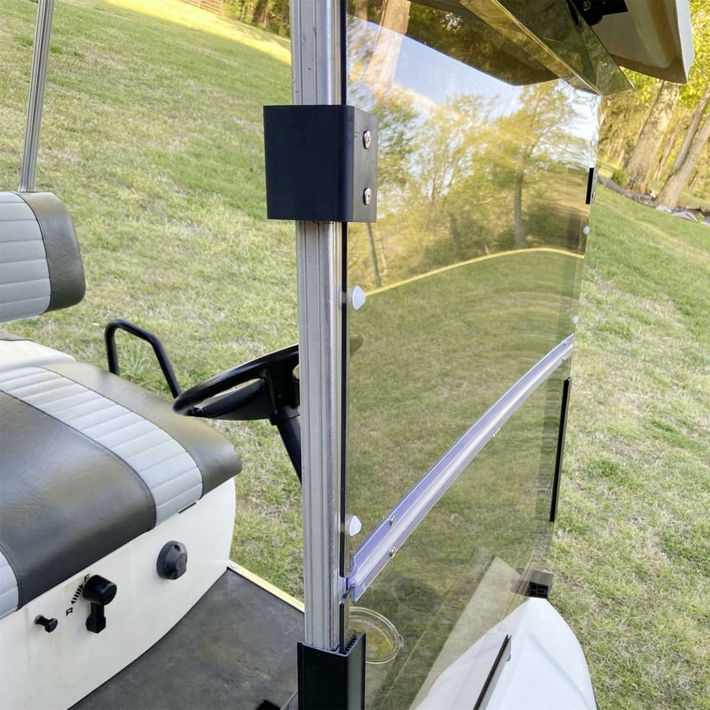 Tinted folding golf cart windshield side view with front posts and black hinge block
