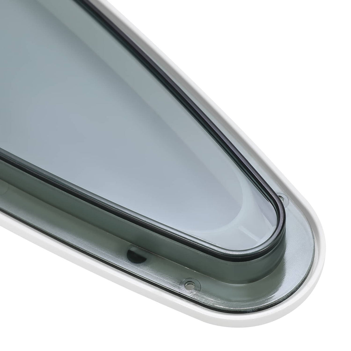 Boat oval window corner with white trim, dark glass, and mounting gasket detail