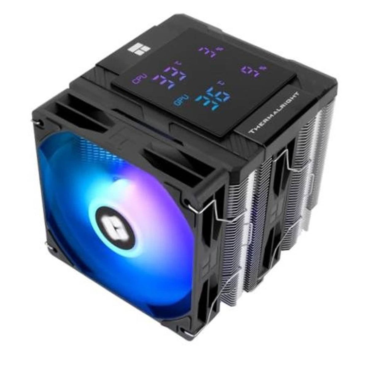 Black dual-tower CPU cooler with ARGB fan glowing blue, purple, and rainbow; digital display