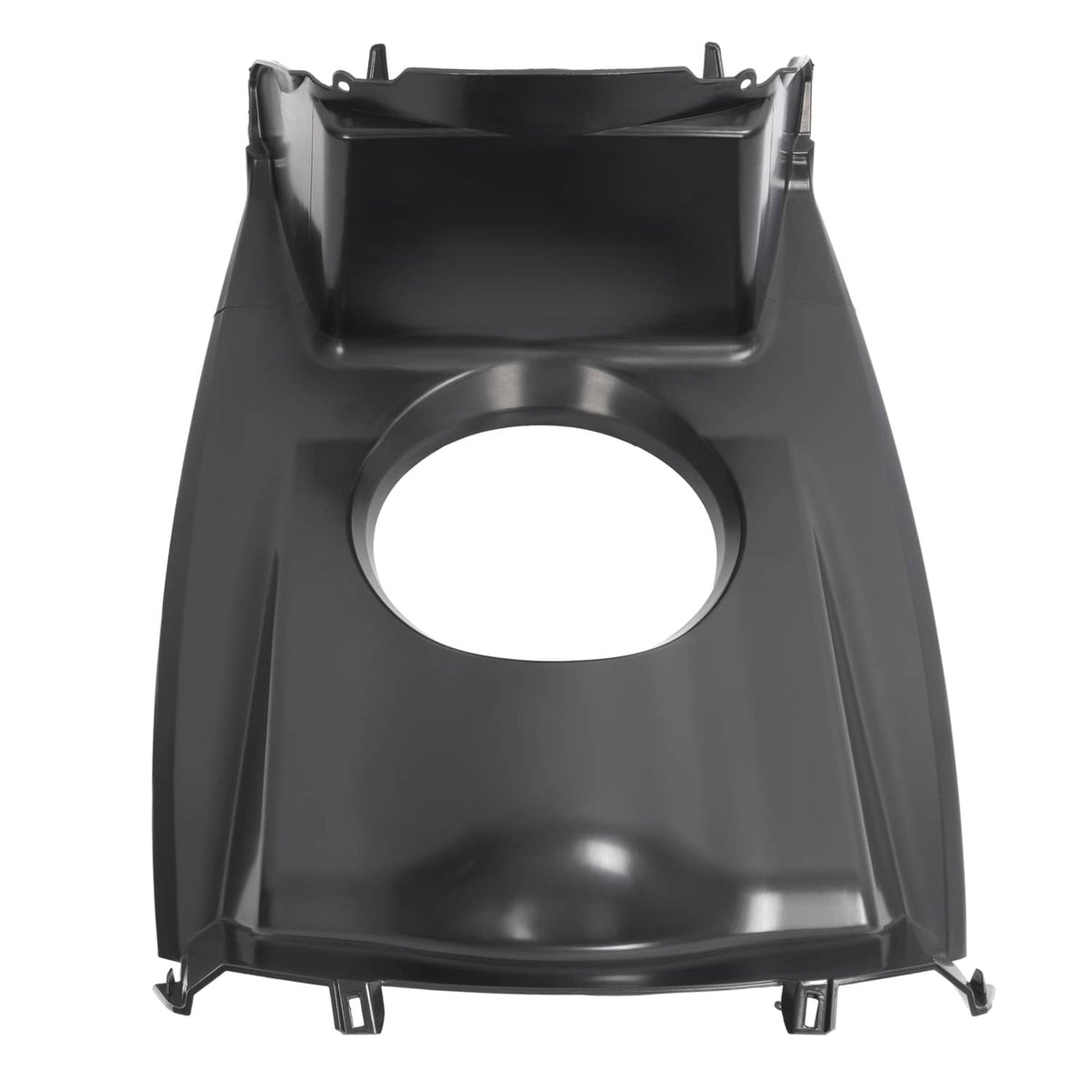 Headlight housing panel with round lamp opening, matte black plastic with mounting tabs