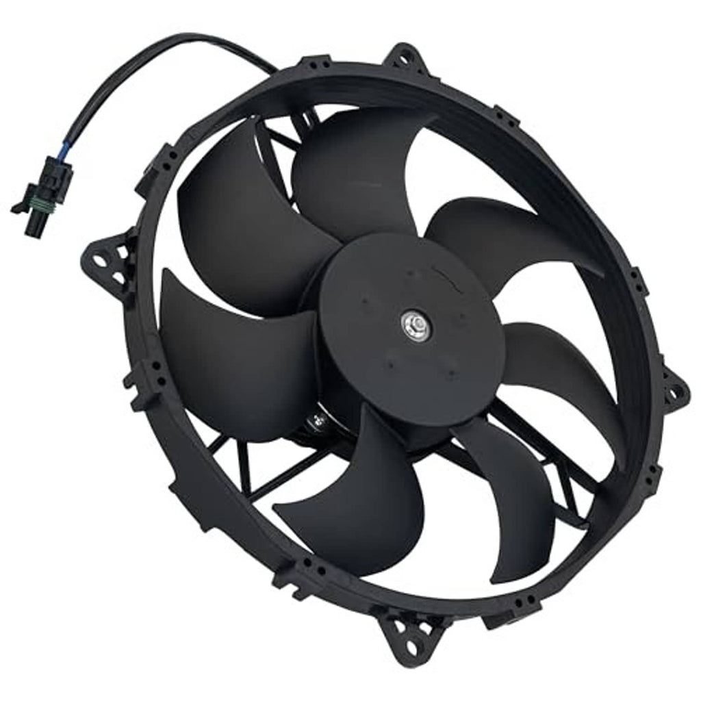 Radiator cooling fan motor with black fan shroud and wire pigtail, angled