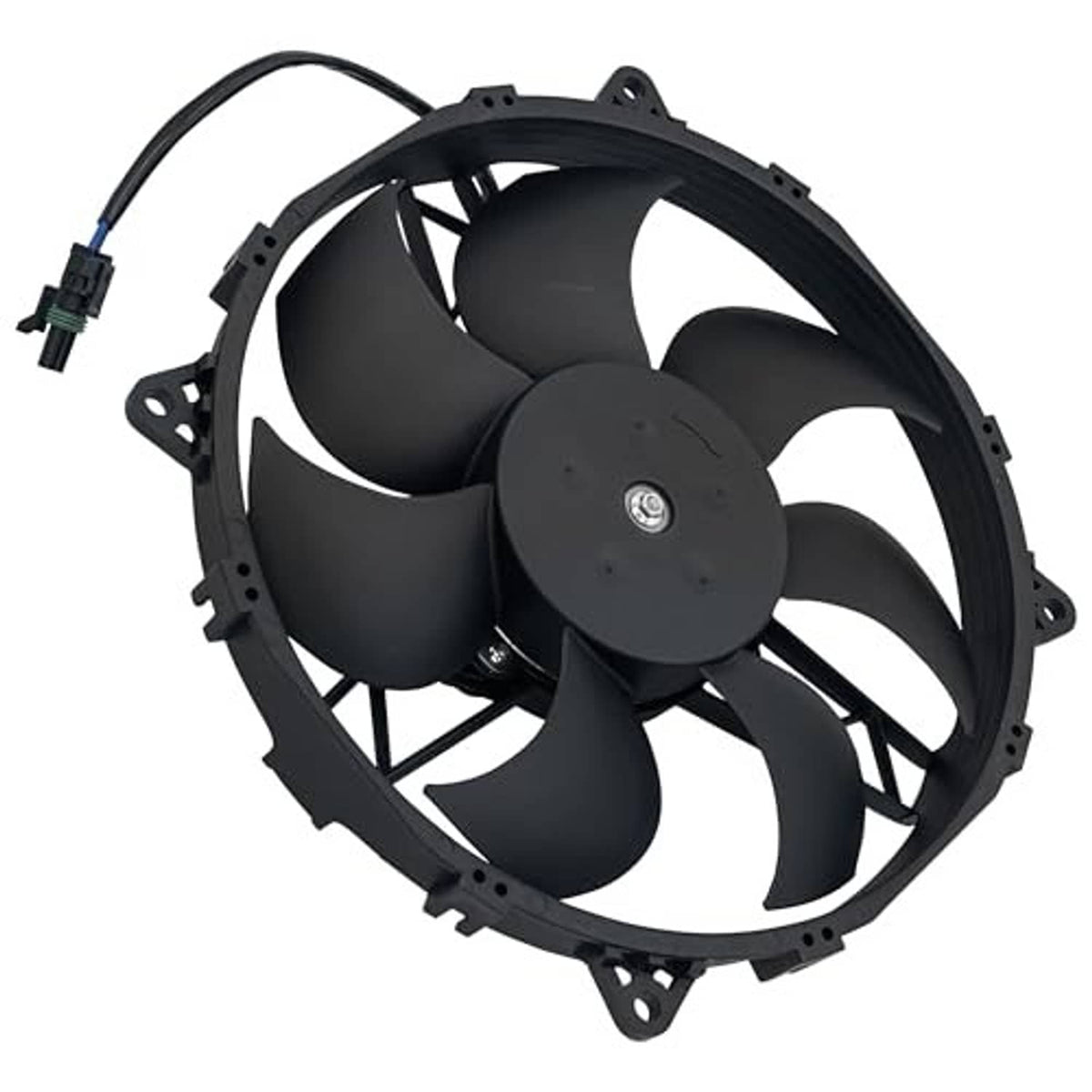 Radiator cooling fan motor with black fan shroud and wire pigtail, angled
