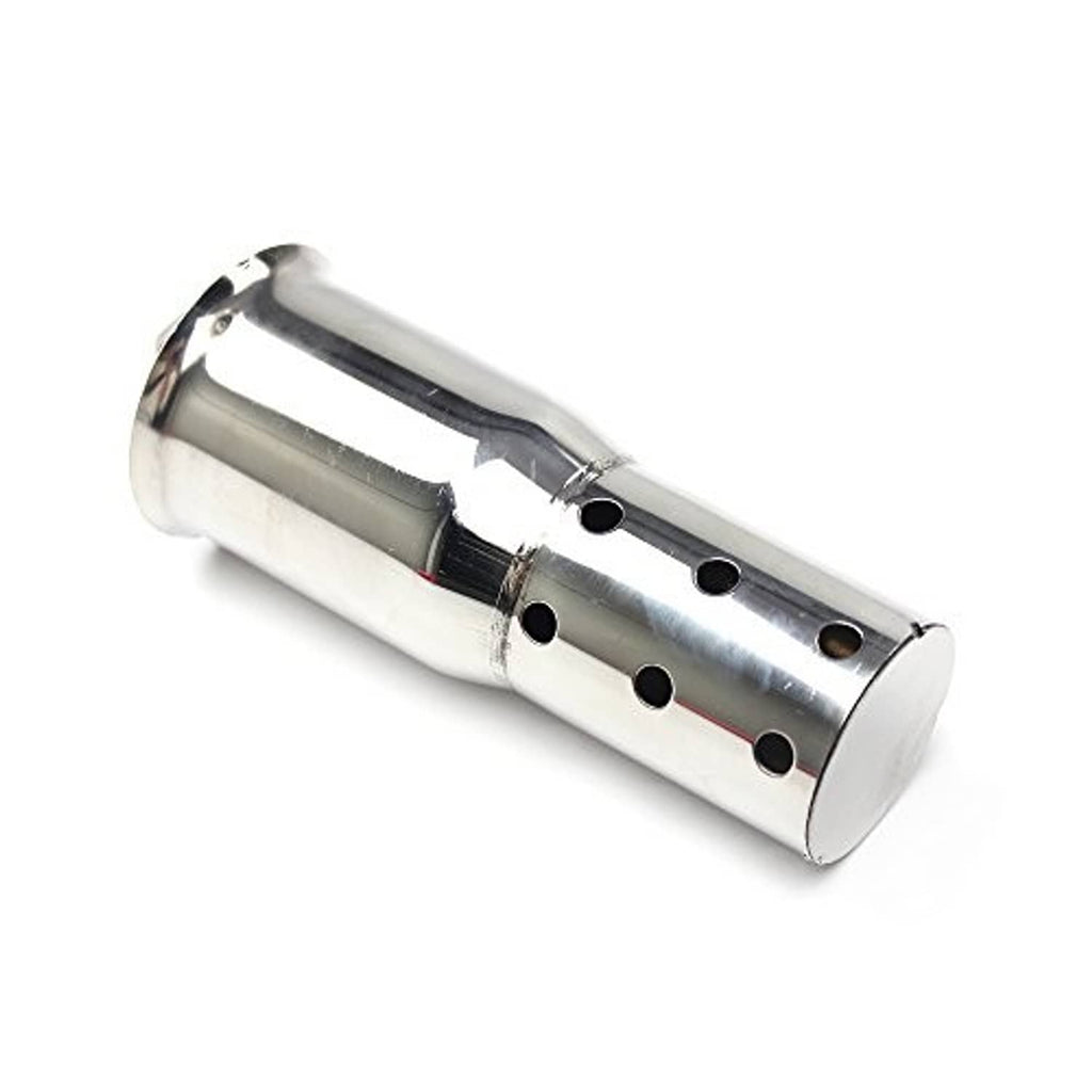 Stainless steel exhaust silencer with perforated baffle tube and mesh inlet, angled view