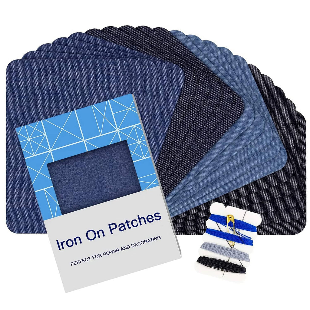 Set of dark blue iron-on denim patches with blue geometric backing cards
