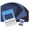 Set of dark blue iron-on denim patches with blue geometric backing cards