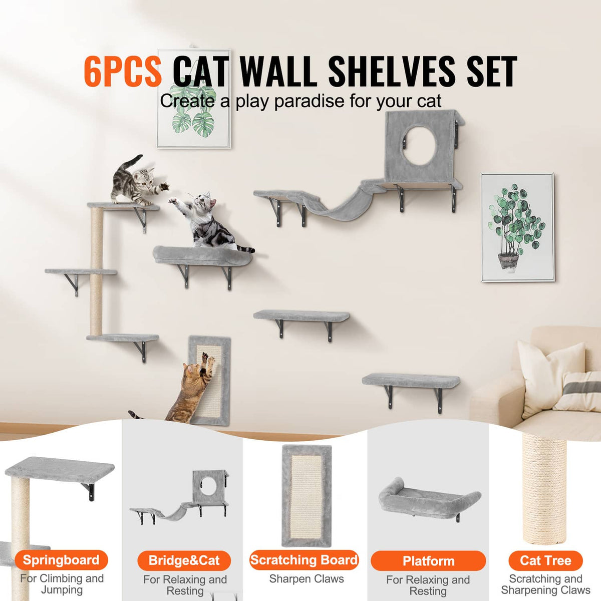 6-piece wall cat shelf set with gray platforms, hammock, and circular hideout