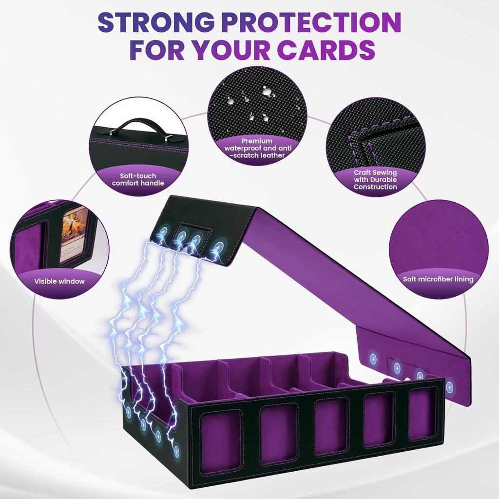 Purple trading card deck box with visible window pockets and padded interior dividers