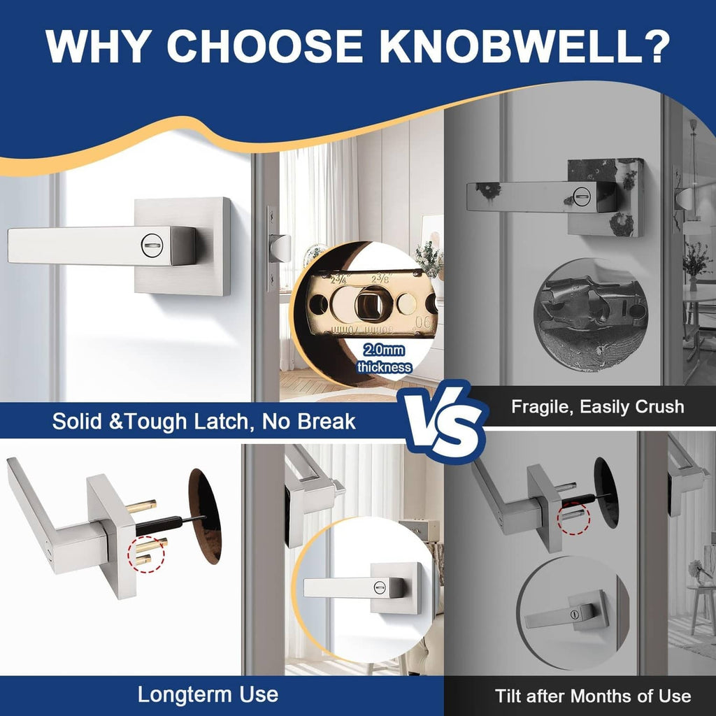 Brushed nickel square door handle lever with smooth face and round button detail.