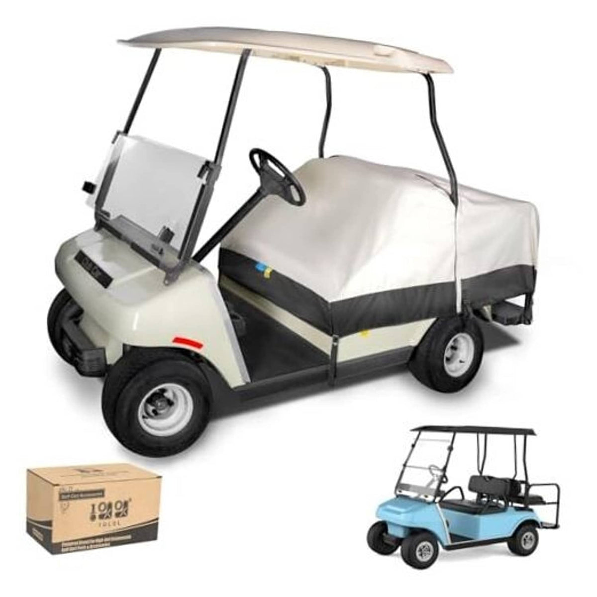 Waterproof golf cart seat cover in beige and black on a golf cart