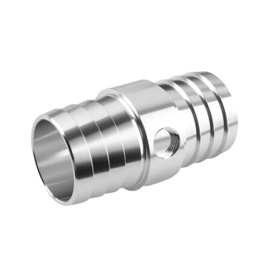 Aluminum radiator hose adapter with barbed connector ends and 1/8 in NPT side port