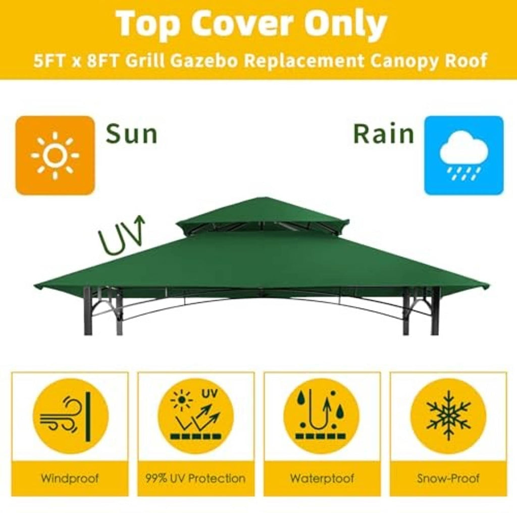 Forest green grill gazebo canopy roof showing sun, rain, UV, and weather protection