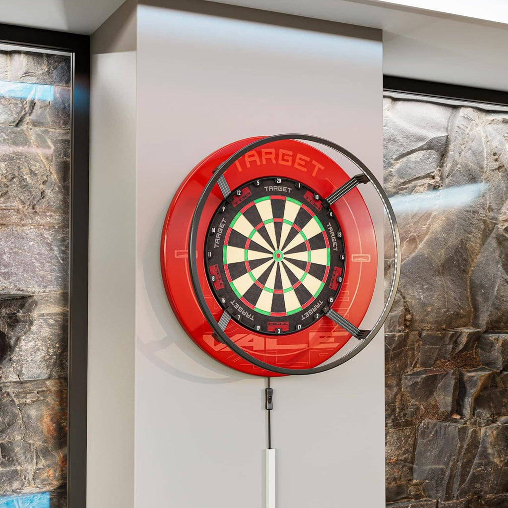 Wall-mounted dartboard lighting system with red target dartboard and black frame, plus power cord