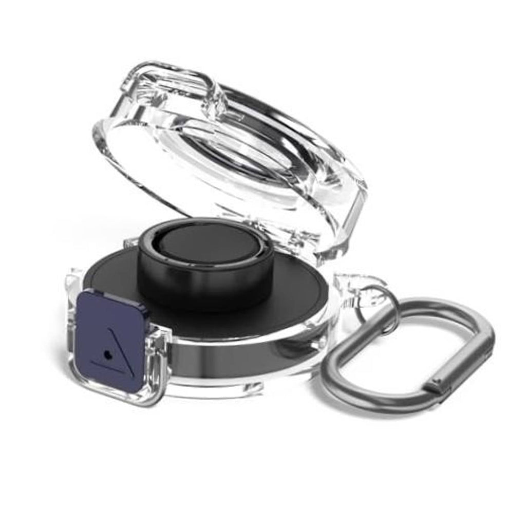 Clear plastic protective charging case with black insert and metal carabiner ring latch